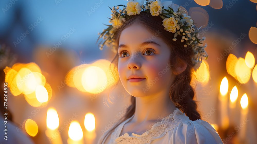 Christmas in Sweden with the traditional candlelight procession of Saint Lucy, showing a girl dressed as Saint Lucia, wearing a white dress and candles on her head. Christmas in Sweden with the traditional candlelight procession of Saint Lucy, showing a girl dressed as Saint Lucia, wearing a white dress and candles on her head.