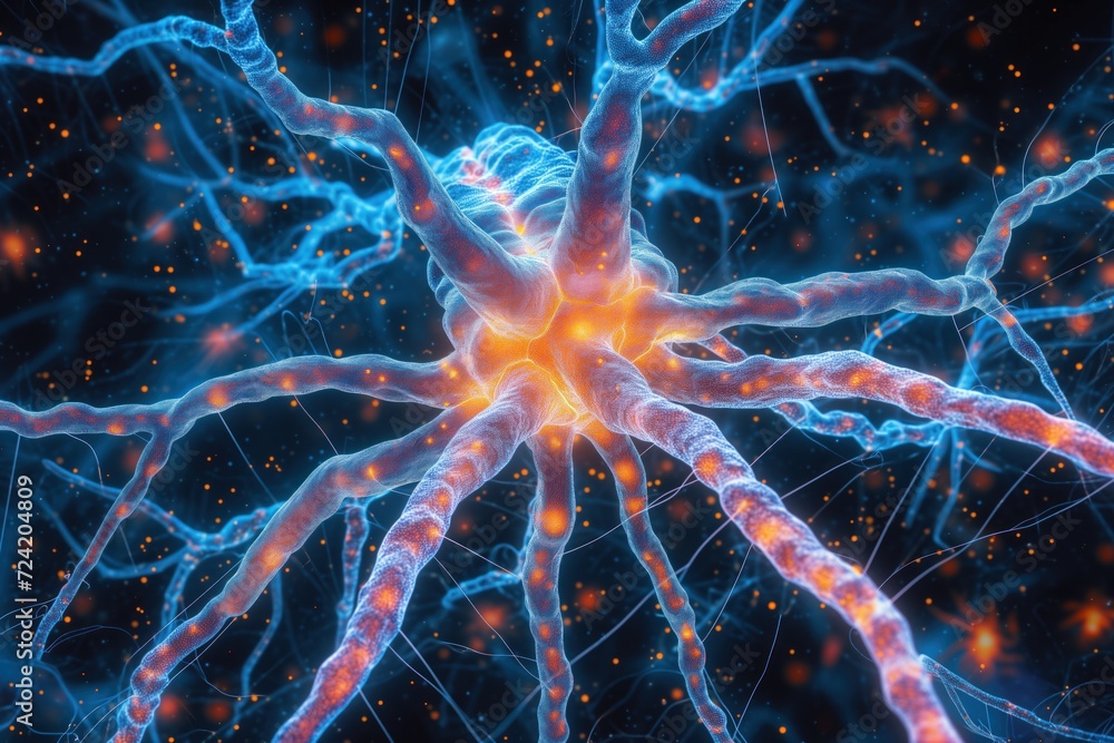 Neurons of the brain and processes actively occurring in them, illuminated with blue neon light