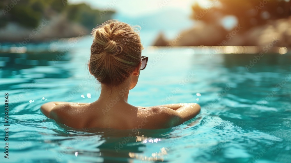 a picturesque scene of a young woman lounging in a pool a picturesque scene of a young woman lounging in a pool