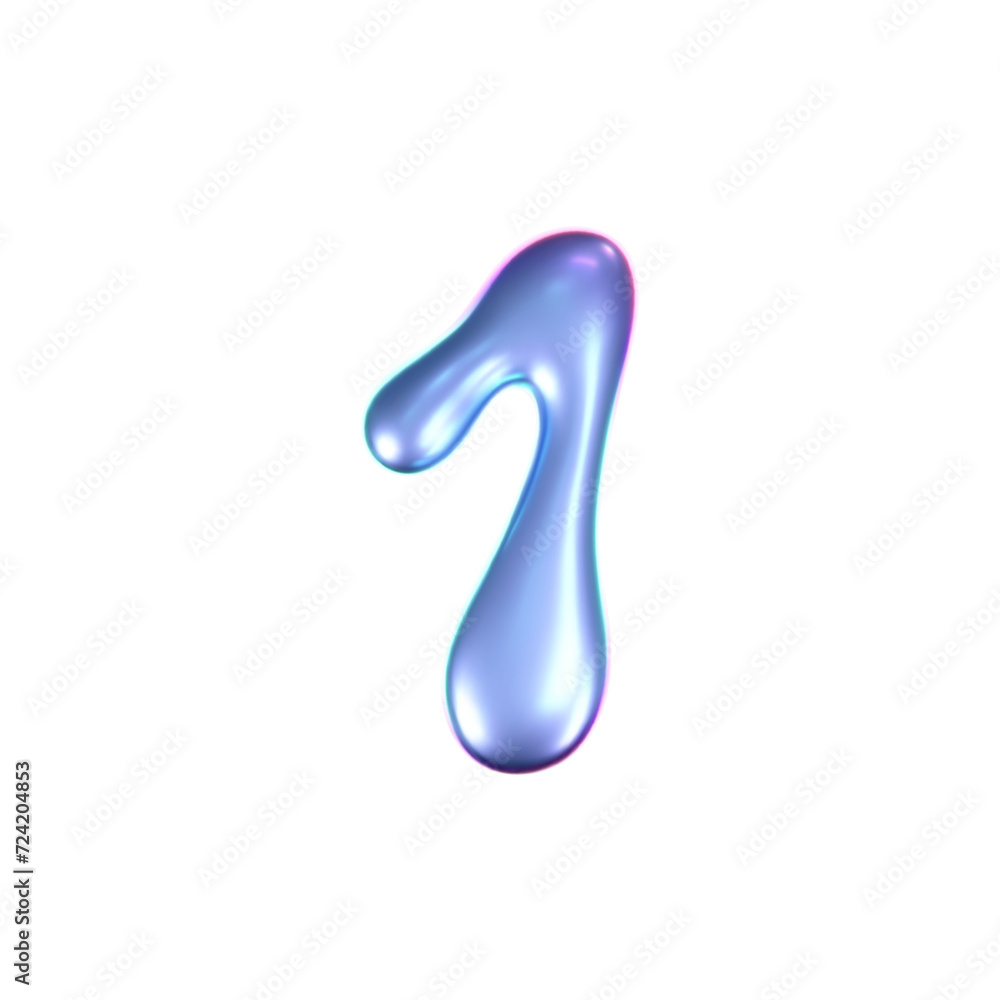 3d holographic liquid number 1 in y2k style isolated on a white background. Render of 3d neon inflated iridescent numbers with rainbow effect. 3d vector y2k hologram.