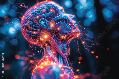 The nervous system and the electrical impulses passing through it from the brain are schematically represented by yellow and crimson neon tracers on the human head on a blue background with bokeh photo