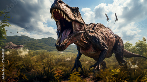 Majestic Prehistoric Tyrannosaurus Rex Roaring in the Wild created with Generative AI technology