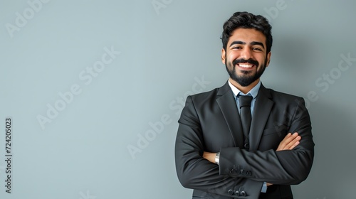A confident entrepreneur asian Indian business man with arms crossed stands in front of a grey background with copy space