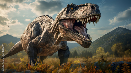 Majestic Prehistoric Tyrannosaurus Rex Roaring in the Wild created with Generative AI technology