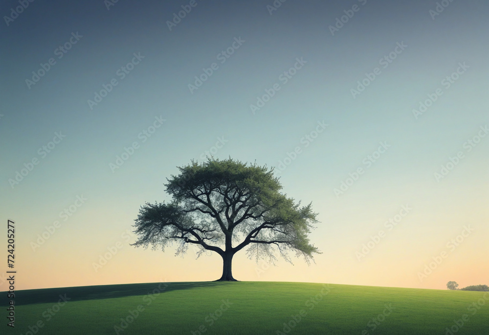 Obraz premium Minimalistic peaceful landscape with lonely tree. Nature background with tree silhouette. Calm and tranquility mood
