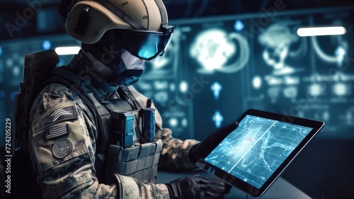 a tablet computer displaying AI control interfaces, augmented reality overlays, and online coordination tools, showcasing the integration of artificial intelligence in directing military forces.