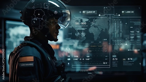 a tablet computer displaying AI control interfaces, augmented reality overlays, and online coordination tools, showcasing the integration of artificial intelligence in directing military forces. photo