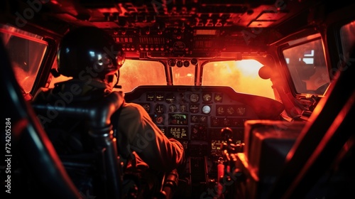 Firefighting aircraft's cockpit, capturing the intense focus of the pilot during a mission to extinguish a wild fire.
