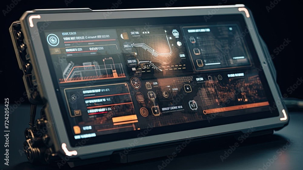 a tablet computer displaying AI control interfaces, augmented reality overlays, and online coordination tools, showcasing the integration of artificial intelligence in directing military forces. - obrazy, fototapety, plakaty 