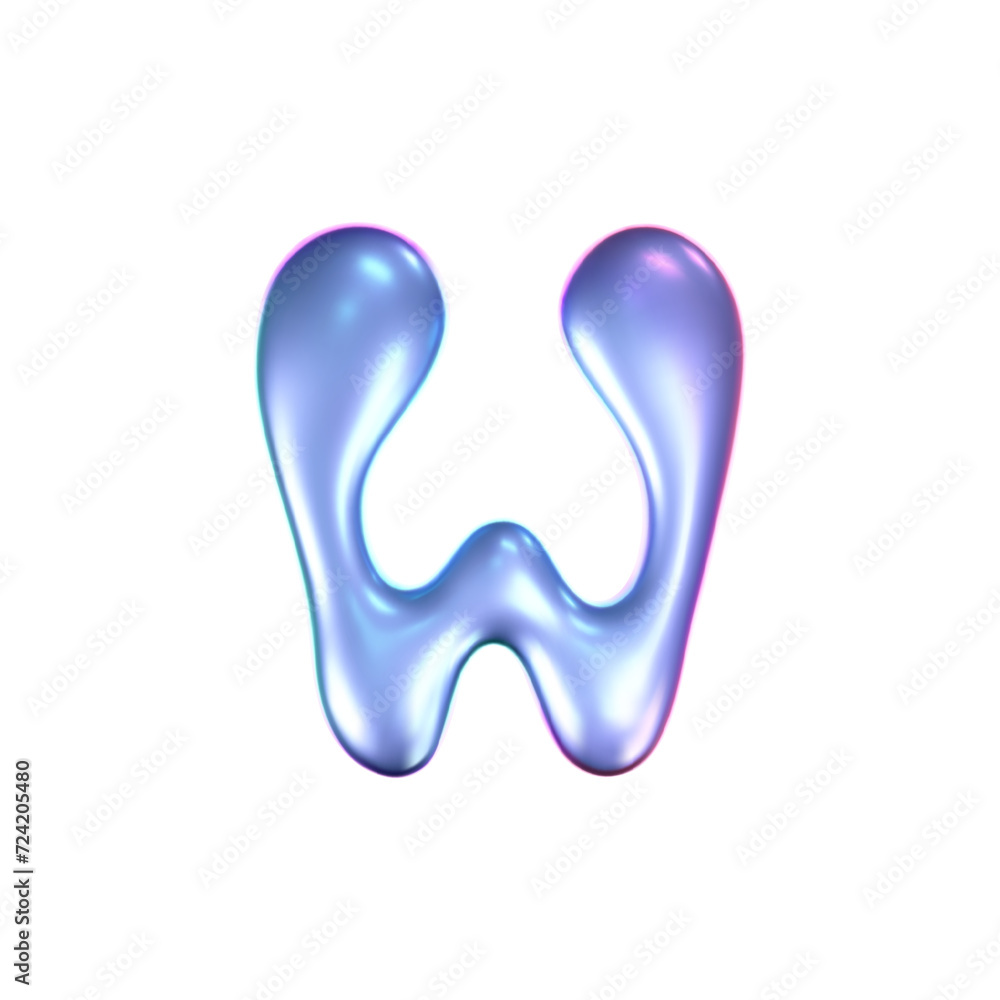 3d holographic liquid letter W in y2k style isolated on a white background. Render of 3d neon inflated iridescent alphabet with rainbow effect. 3d vector y2k hologram letter. 3d holographic liquid letter W in y2k style isolated on a white background. Render of 3d neon inflated iridescent alphabet with rainbow effect. 3d vector y2k hologram letter.