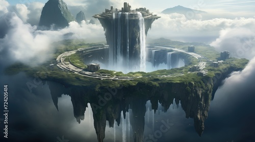 A colossal, floating island in the sky, held aloft by anti-gravity technology, with waterfalls cascading off the edges. photo