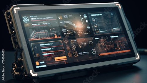 a tablet computer displaying AI control interfaces, augmented reality overlays, and online coordination tools, showcasing the integration of artificial intelligence in directing military forces. photo
