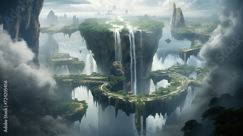 Unreal floating island in the sky, held aloft by anti-gravity technology, with waterfalls cascading off the edges into the abyss below.