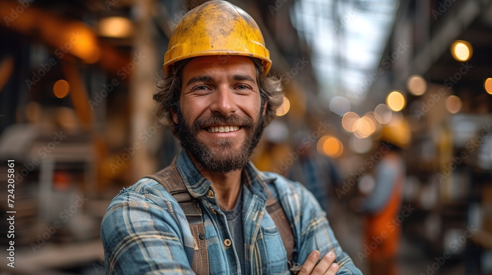 Cute Caucasian bearded construction worker with safety helmet on head Cute Caucasian bearded construction worker with safety helmet on head