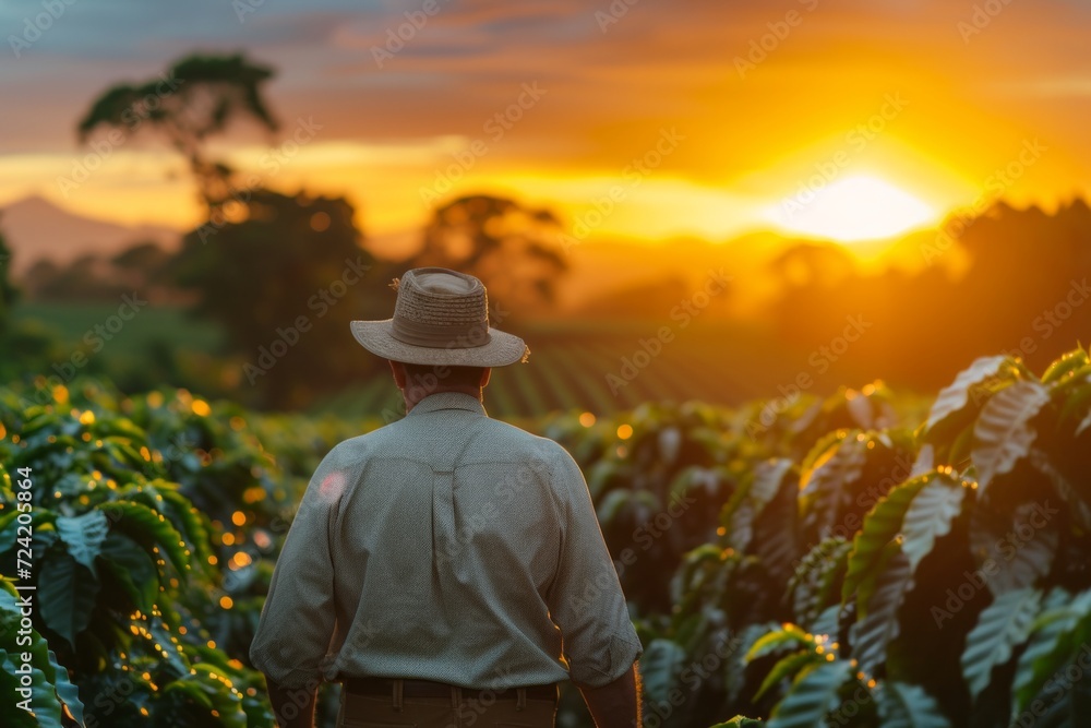 A Gentleman Wearing a Hat Taking a Walk Through a Coffee Field During Sunrise A Gentleman Wearing a Hat Taking a Walk Through a Coffee Field During Sunrise