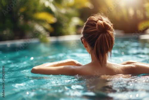 a picturesque scene of a young woman lounging in a pool