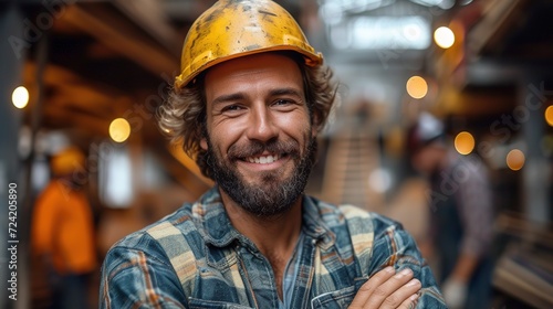 Cute Caucasian bearded construction worker with safety helmet on head © Vasiliy