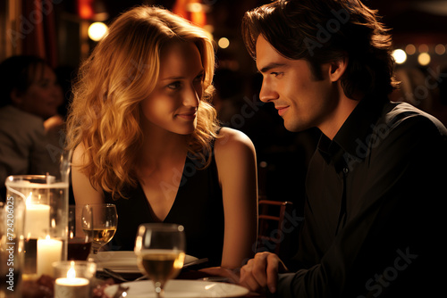Man and woman sitting at a restaurant table with wine glasses, exchanging a tender gaze.