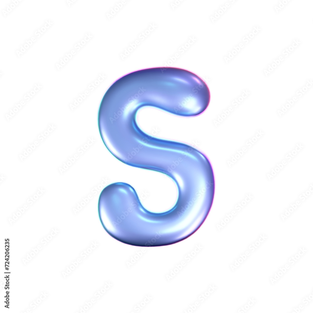 3d holographic liquid letter S in y2k style isolated on a white background. Render of 3d neon inflated iridescent alphabet with rainbow effect. 3d vector y2k hologram letter.