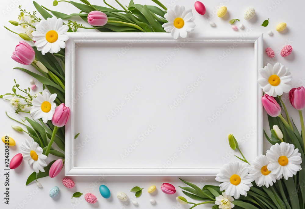 Empty white frame for text with beautiful flowers and Easter eggs. Botanical art. Mockup template. Generative AI Empty white frame for text with beautiful flowers and Easter eggs. Botanical art. Mockup template. Generative AI