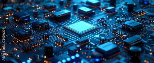 Advanced Circuit Board with Glowing Blue Lights created with Generative AI technology