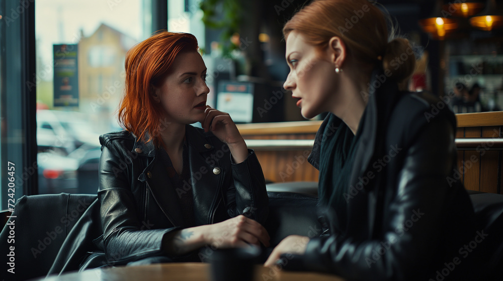 Vibrant Encounter, Two Young Women Engrossed in Conversation at a Cozy Bar Table - obrazy, fototapety, plakaty 