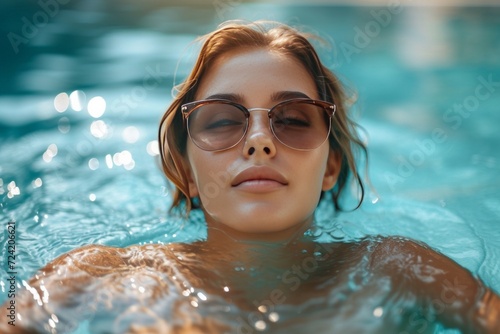 a picturesque scene of a young woman lounging in a pool