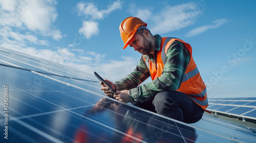 Worker Engaged in the Installation Process of Solar Panels: Contributing to Sustainable Energy Initiatives and Renewable Technology Development