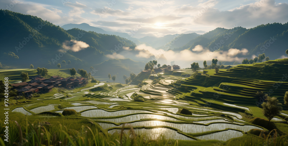 Beautiful early foggy morning mountain valley landscape with Thai village surrounded by rice fields Agriculture industry, food industry, working people and exotic traveling concept image.