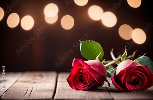 Bouquet of roses on a wooden table. Valentine s Day. Background with bokeh. Gift card concept. Illustration by Generative AI.