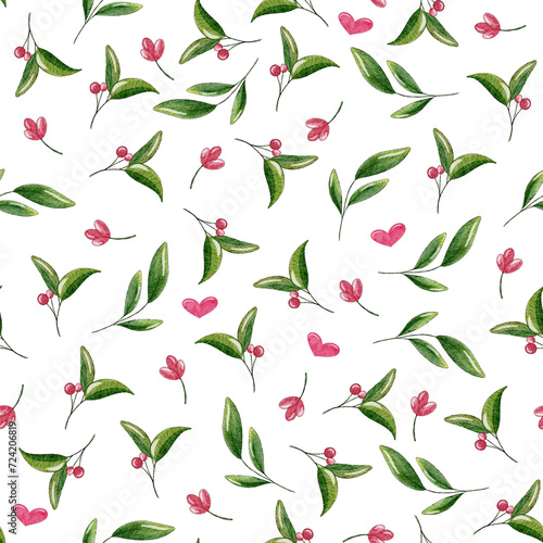 Seamless watercolor spring floral pattern - pink blush flowers elements, green leaves branches on white background; for wrapper, wallpaper, postcard, greeting card, wedding invitation