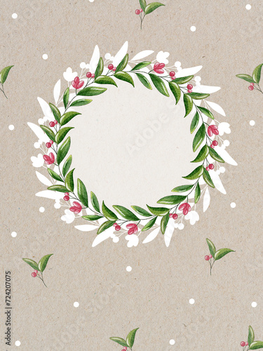 Spring greeting card with round garland of green branches and pink flowers on light brown crafted background with white dots. Midden empty space for your text. Design for greeting card, invitation