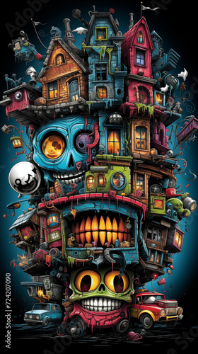 Abstract Illustration of a Haunted House Composed of Skulls © Gianluca Lubrano