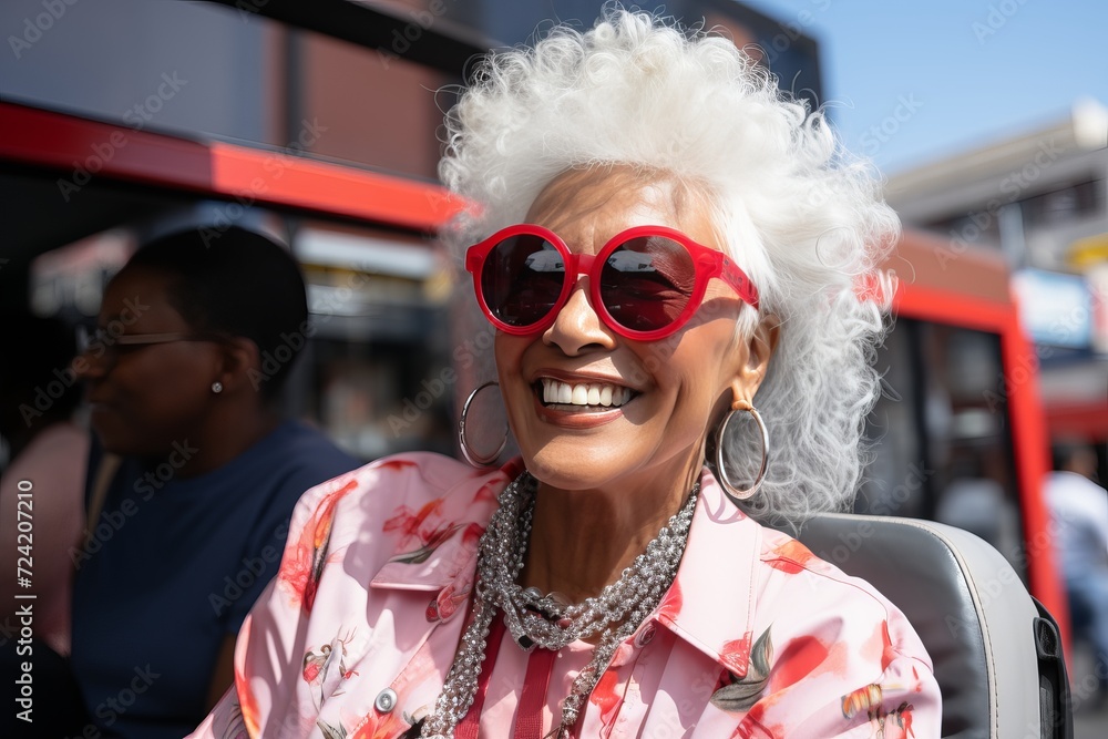 A stylish, mature woman with gray hair sits in the street A stylish, mature woman with gray hair sits in the street