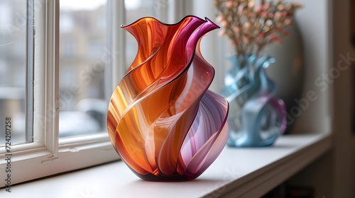 A colourful Murano glass vase with red, orange and blue colours