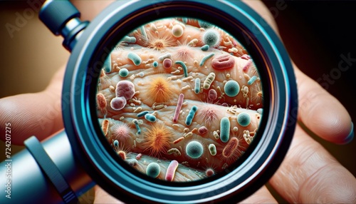 Detailed image of various bacteria colonies on human skin, magnified to a microscopic level