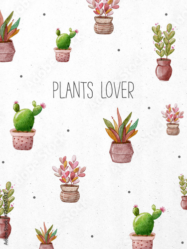 Cute watercolor background with houseplants and text ‘Plants lover’. Botanical home garden poster. Floral card with indoor plants in funny flowerpot