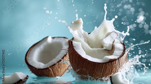 coconut milk flying out from a cracked coconut fruit, showcasing the natural essence and refreshing qualities of coconut water, with a clipping path included for versatile use. photo