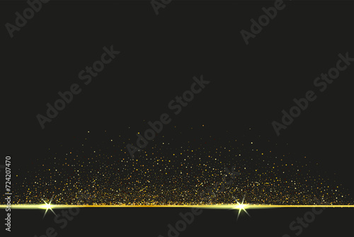 Gold dust on black background and horizontal gold stripe with glitter, poster design on black background with gold dust elements