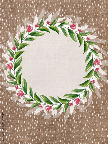 Spring template poster. Decorative elements of watercolor botanical leaves stock illustration. Round frame with green branches and pink flowers on backgrounds with white dots. 