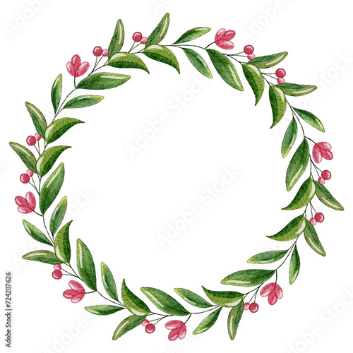 Minimalistic wreath with green leaves and bright flowers. Space for your text. Design for greeting cards, posters, banners.