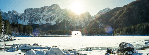Fusine Lakes panoramic photo, Friuli Venezia Giulia, famous mountain destination, Italy
