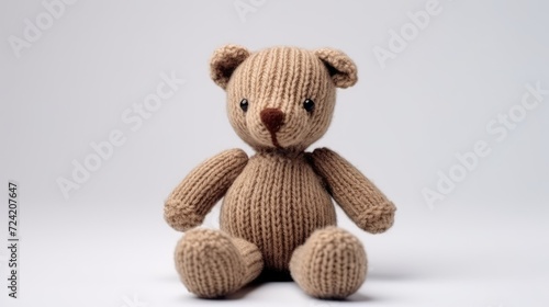 Cute knitted bear toy on a white background. AI generated