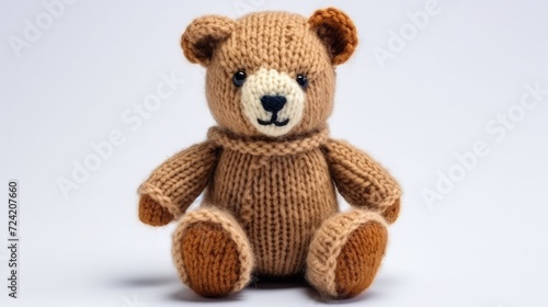 Brown knitted teddy bear toy on a white background. AI generated.