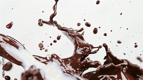 chocolate and milk splashes captured mid-air against a pristine white background, evoking a sense of indulgence and decadence in culinary delights.
