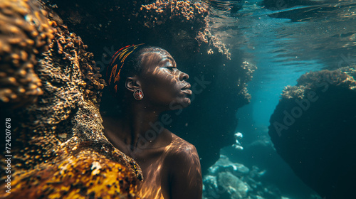Close-Up Underwater Photo of a Beautiful Afro Woman Next to the Coral Reef © Gianluca Lubrano