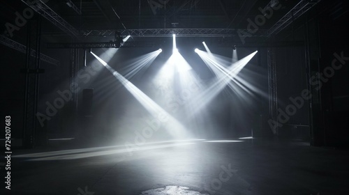 Empty stage with dramatic spotlights and smoke effects for live concert performance