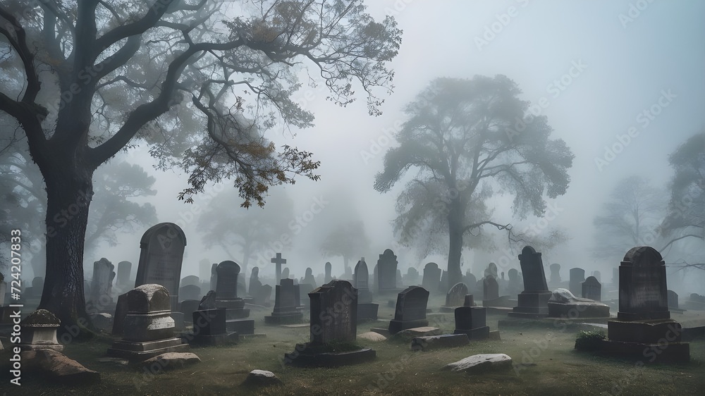 A mysterious fog rolling through an ancient graveyard with weathered tombstones