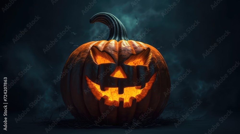 Fototapeta premium Halloween scary pumpkin on a dark background. AI generated.