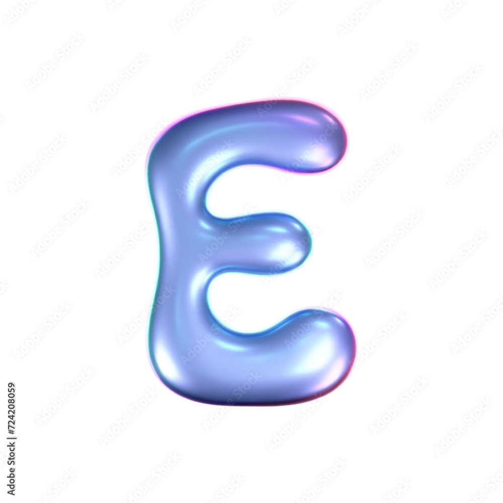 3d holographic liquid letter E in y2k style isolated on a white background. Render of 3d neon inflated iridescent alphabet with rainbow effect. 3d vector y2k hologram letter. 3d holographic liquid letter E in y2k style isolated on a white background. Render of 3d neon inflated iridescent alphabet with rainbow effect. 3d vector y2k hologram letter.